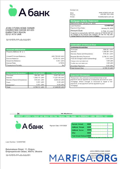 Downloadable Ukraine A Bank mortgage statement in Word and PDF formats download for verification